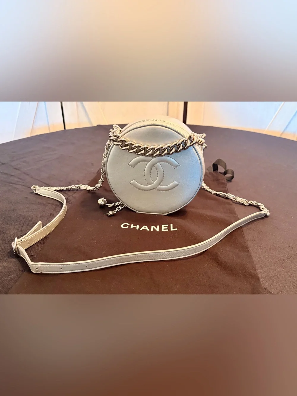 CHANEL Round Quilted Crossbody Bag in Silver with Chain (includes COA)